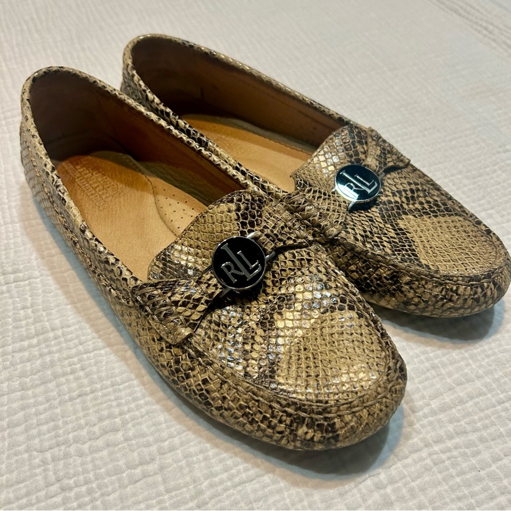 Lauren Ralph Lauren Tan & Black Print Leather Carley Driving Moccasins 8